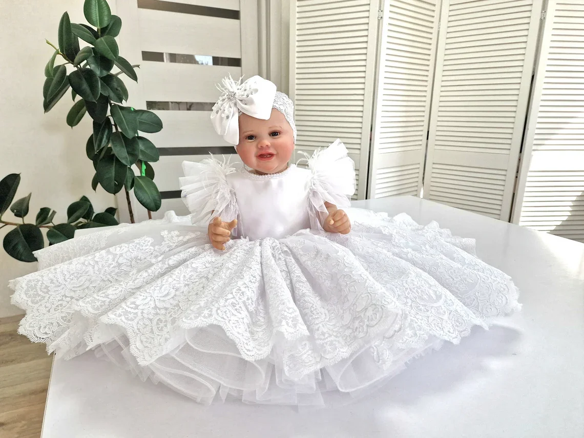 White Lace Baby Toddler Christening Dresses Kids Newborn Party Feather Pearls First Communion Wedding Prom Baptism Outfits