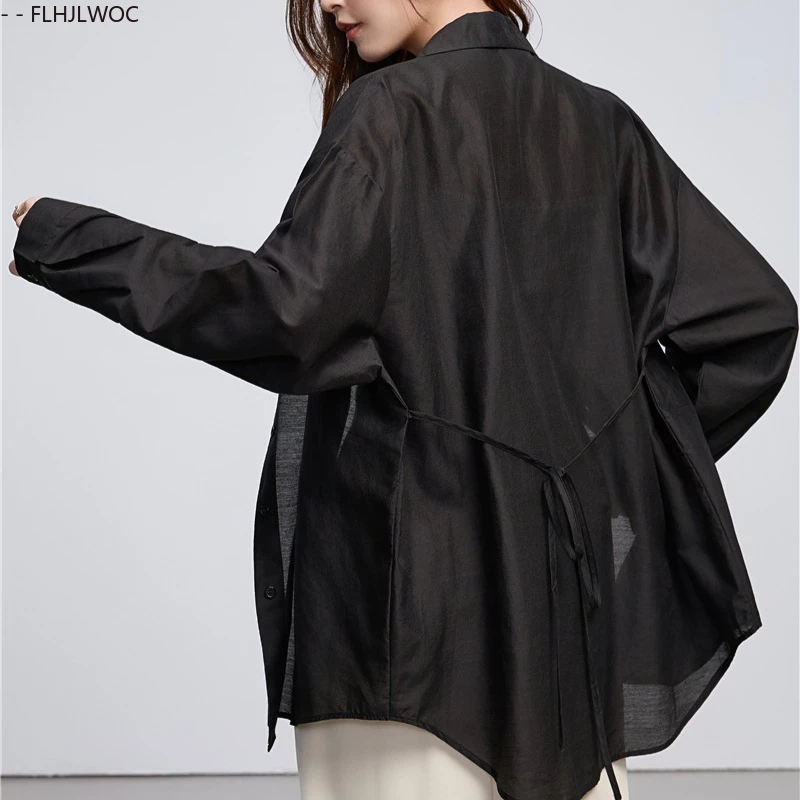 日焼け防止韓国シックなトップス Blusas ホリデーシアーメッシュ薄いセクシーな透明白ロングボーイフレンドシャツ蝶ネクタイ女性ブラウス