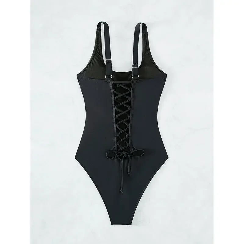 Czarny strój kąpielowy jednoczęściowy w stylu Vintage sznurek sznurowany z tyłu kostium kąpielowy damski bandaż Monokini Bather maillot de bain femme