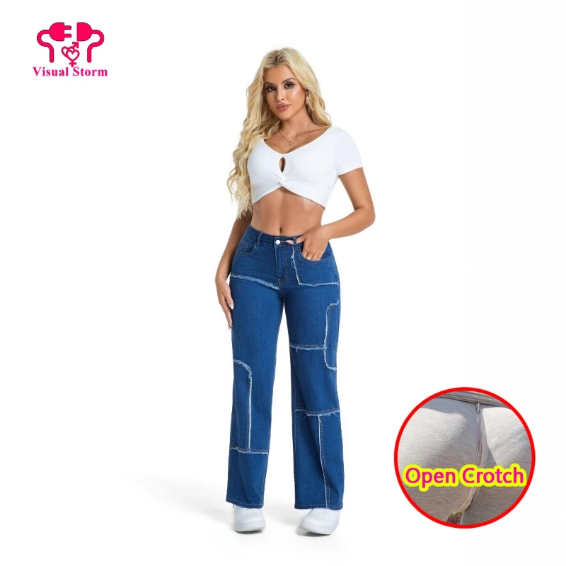 

Fitting Long Women Open Crotch Leggings Pants Hidden Zippers Jeans for Loose Straight Pants Pockets Leggings Crotchless Sexy