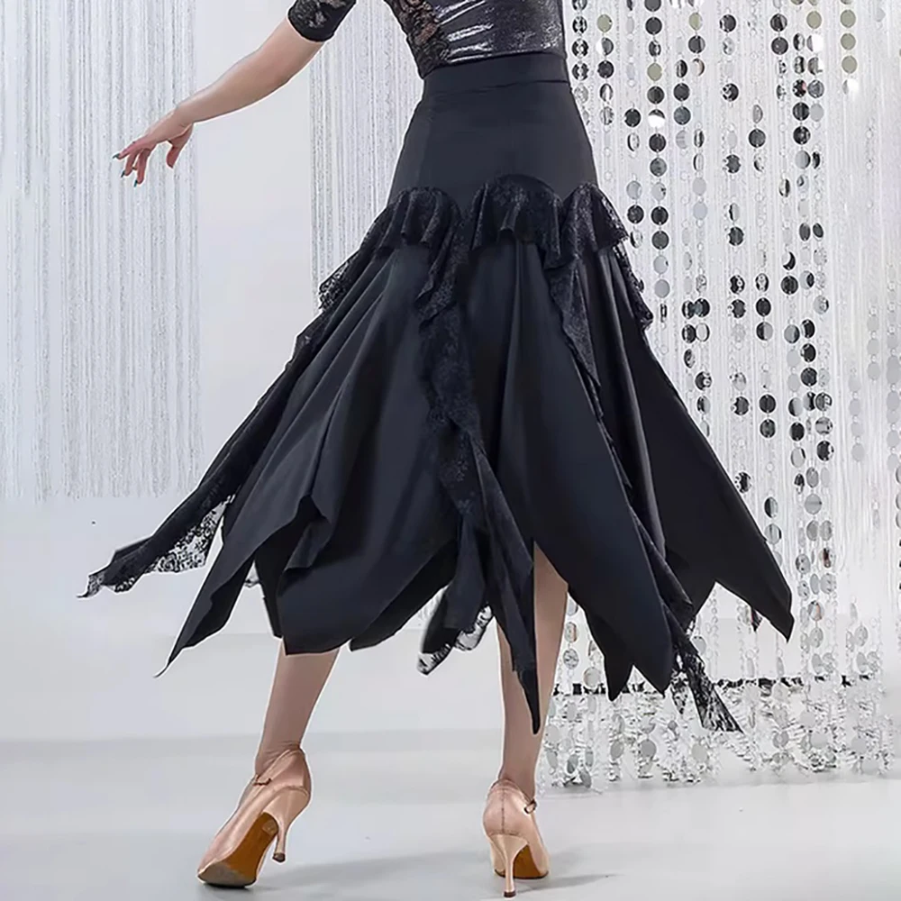 

Women's Black Lace Ruffled Irregular Hem Long Skirt for Ballroom Dance Modern Dance Waltz Performance Wear Costumes