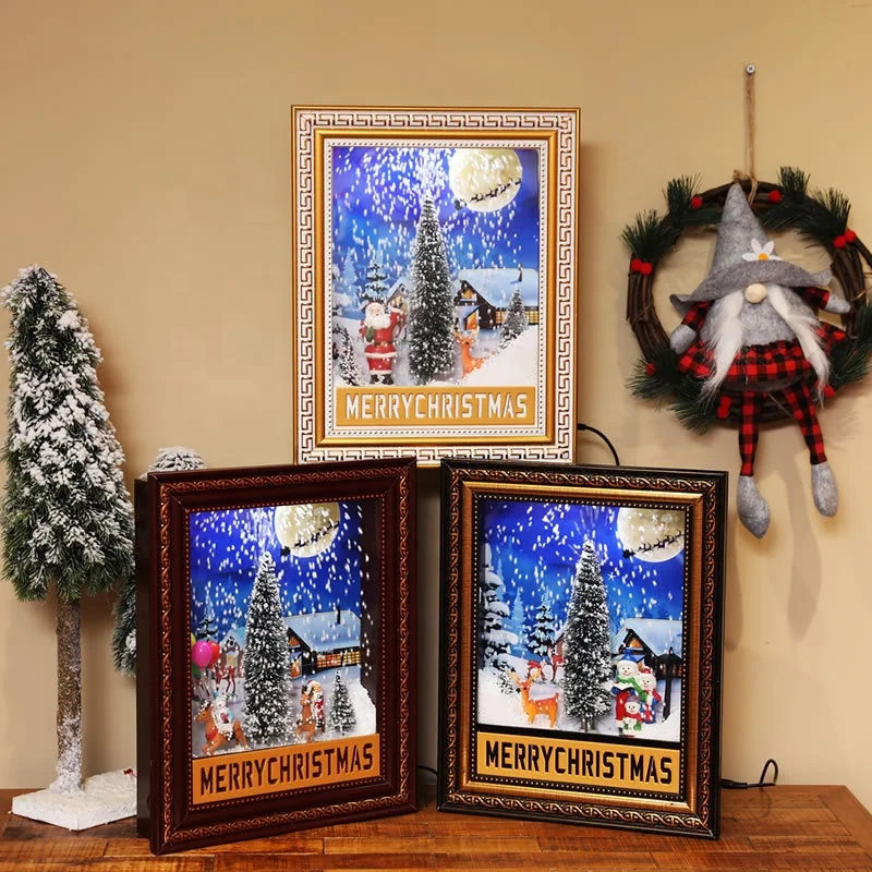 Moldura de foto de natal com música, artesanato de feliz natal, linda moldura com sopro de neve e luz para decoração de natal