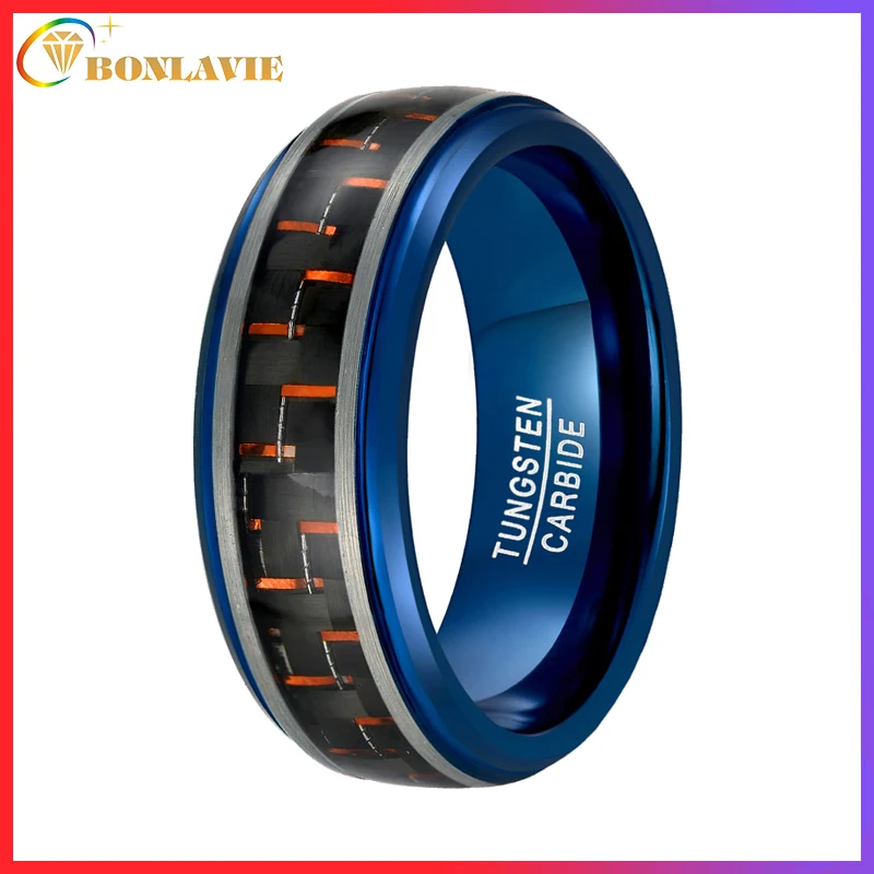 BONLAVIE Wedding Bands Engagement Ring For Woman Man 8MM Inlaid Red Carbon Fiber Blue Tungsten Steel Ring