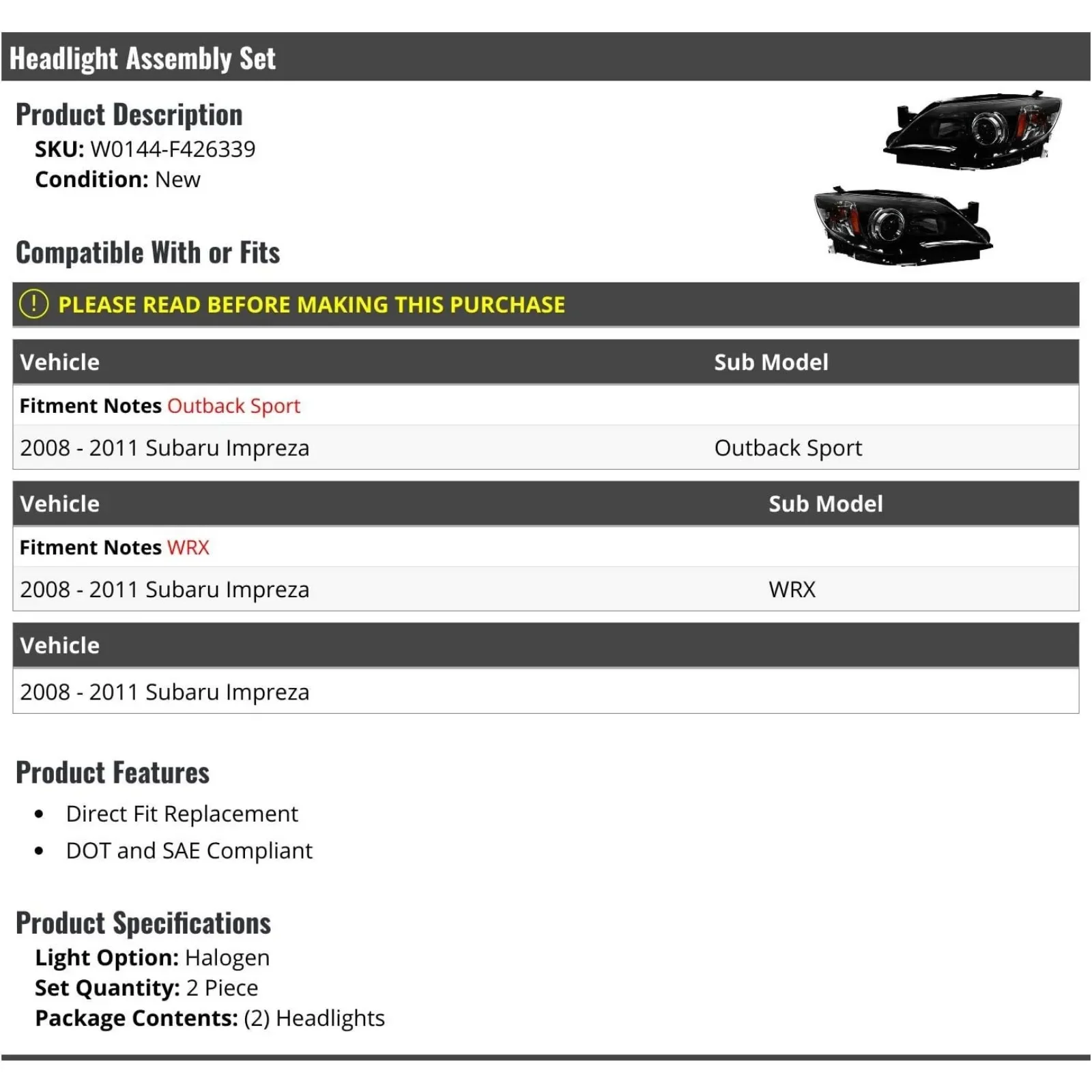 US Headlight Assembly 2 Piece Set - Compatible with 2008-2011 Subaru Impreza