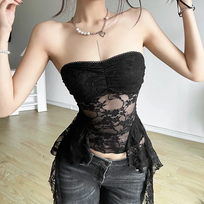 

Spring 2024 Cross-Border Sle Women's Faion Sexy Lace Wrap Chest Me Belly Button Exposure Thin Knitted Tube Top