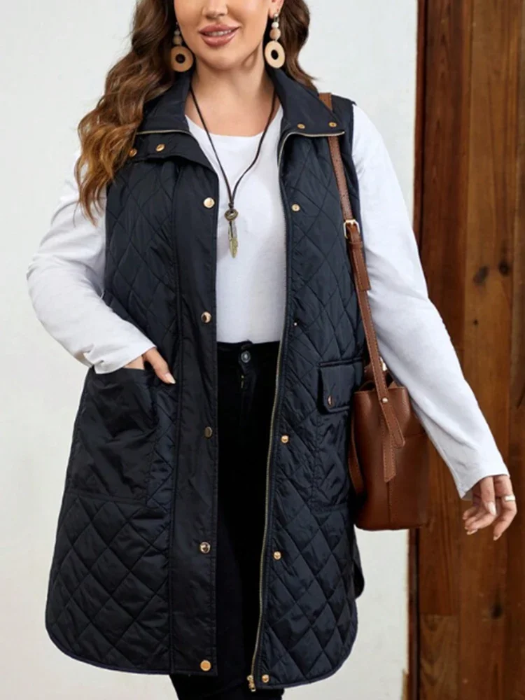 Women Plus Size Parkas Vest Zipper Fly Casual Vintage Office Lady Turn Down Collar Pockets Winter Autumn Vest Jacket Coats 2024