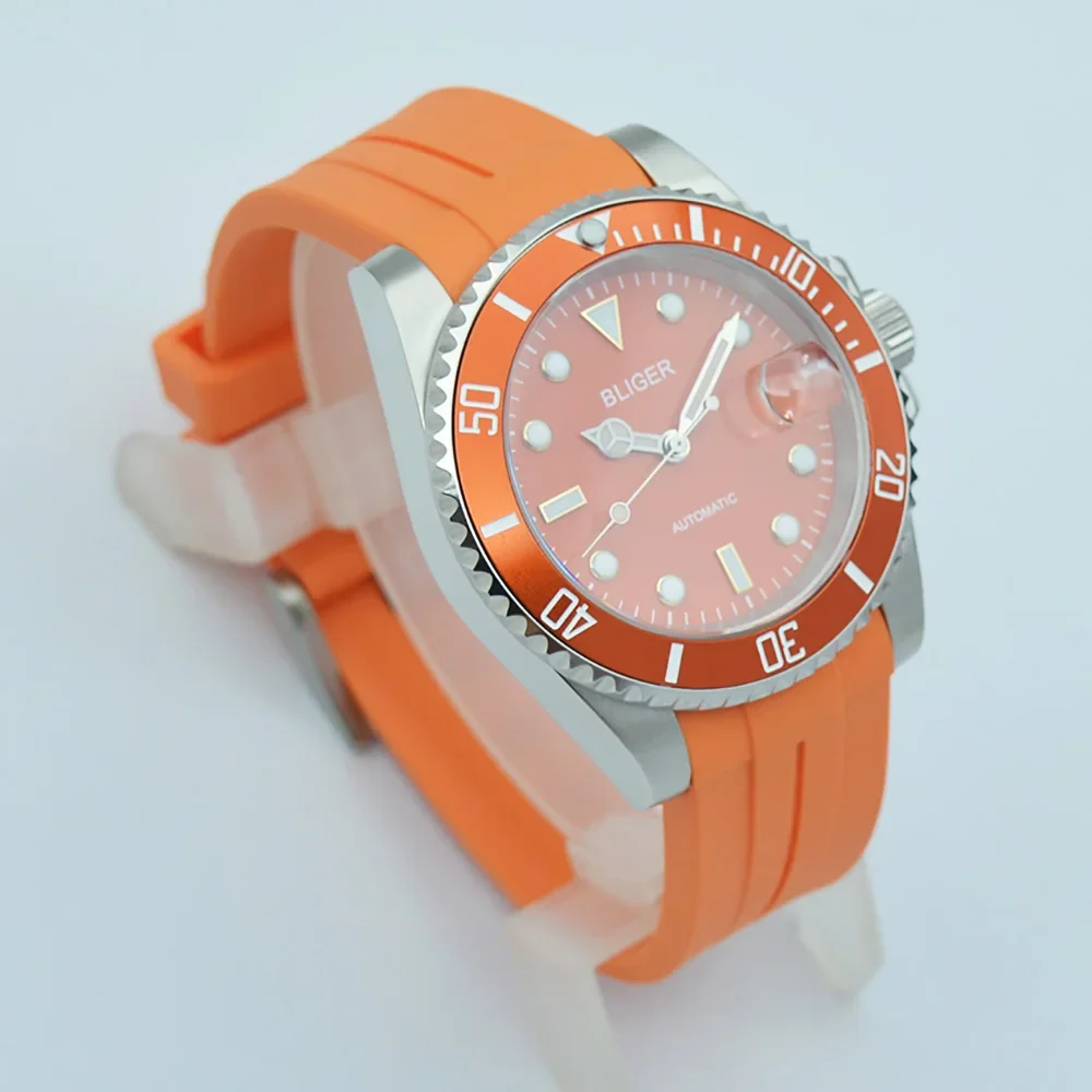 40mm Orange Mechanical Watches NH35A Automatic Self-Winding Movement See-through Glass Back Sapphire Crystal Custom logo Watches