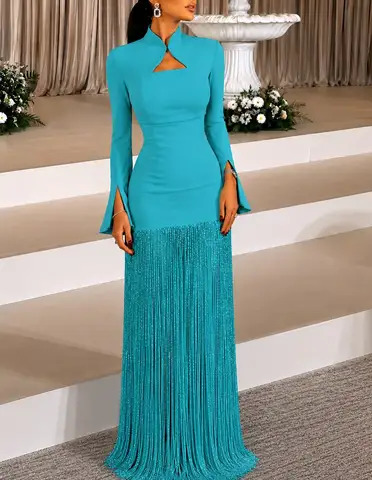 Elegante Abito da Sera Viola con Frange, Stile Vintage Semplice e Raffinato, Maniche Lunghe, per Occasioni Formali, Cerimonia, Matrimonio, Personalizzabile