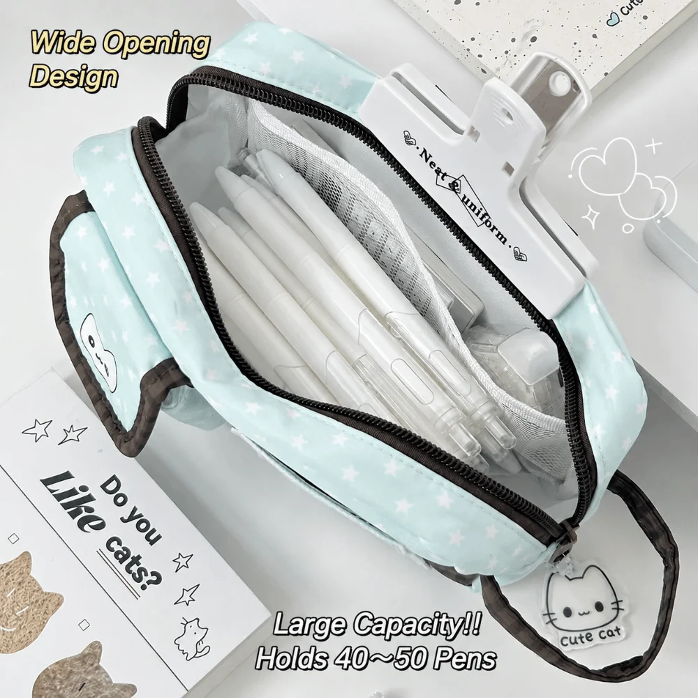 Kawaii Mint Chocolate Pencil Case Cat Print Large Capacity Pencil Pouch Multi Compartment Stationery Bag School Supplies
