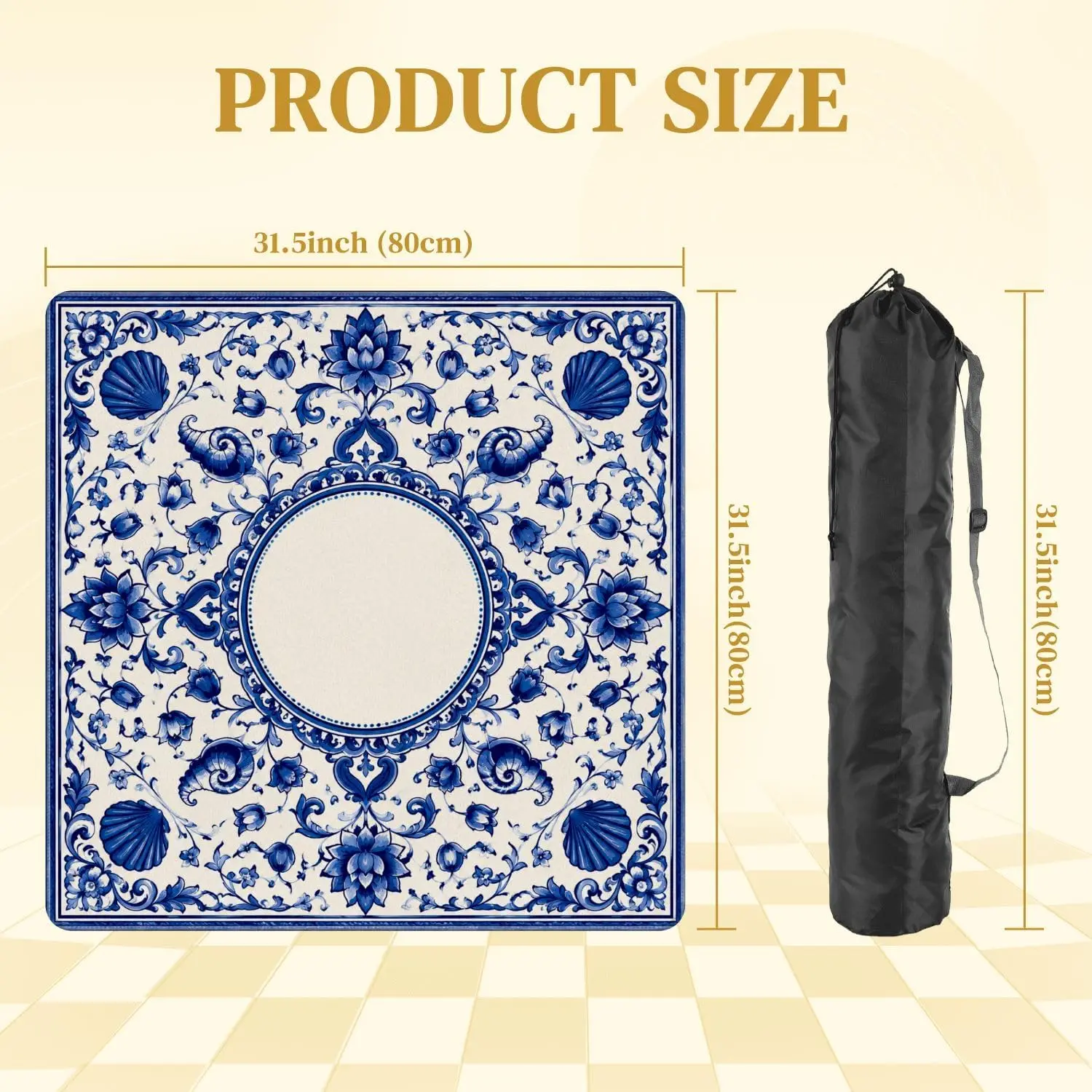 Mahjong Table Mat Blue White Chinese Dragon with Floral Ornament Pattern 31.5