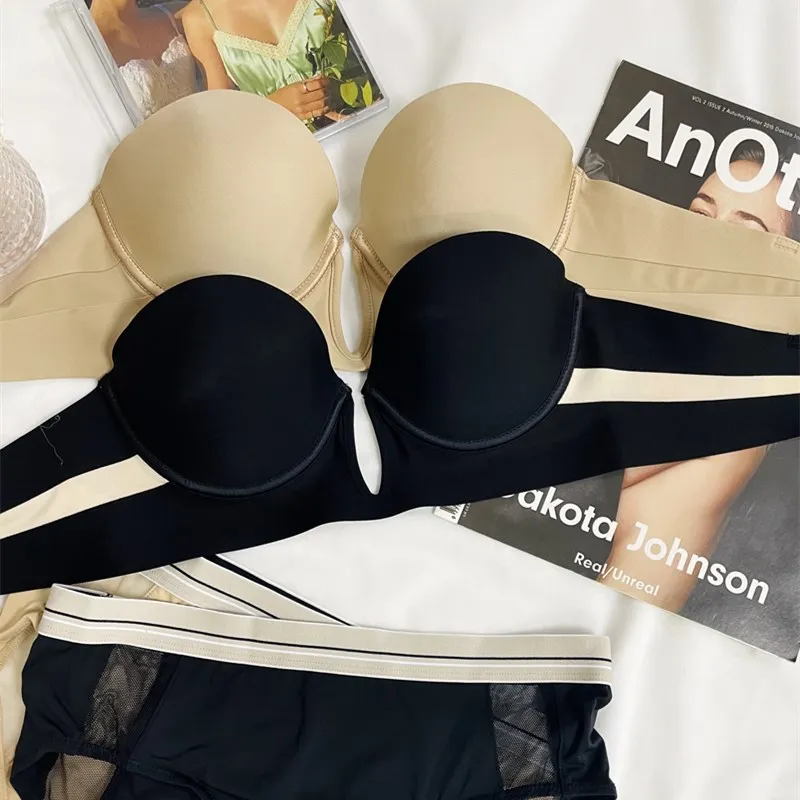 Strapless half cup anti-slip deep V underwear light surface no trace thin small chest gathered soft steel ring bra sets