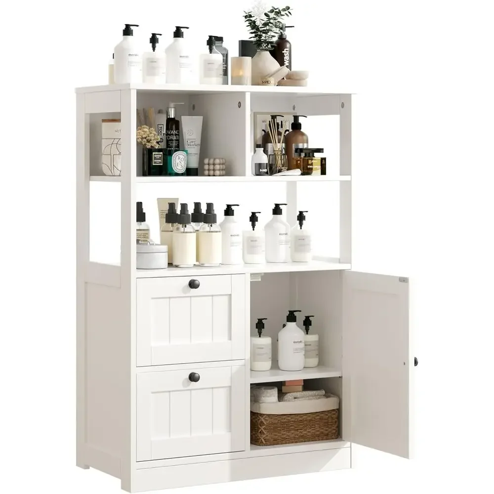 White Wooden Standing Bathroom Cabinet with Door and Adjustable Shelves for Storage in Kitchen or Living Room