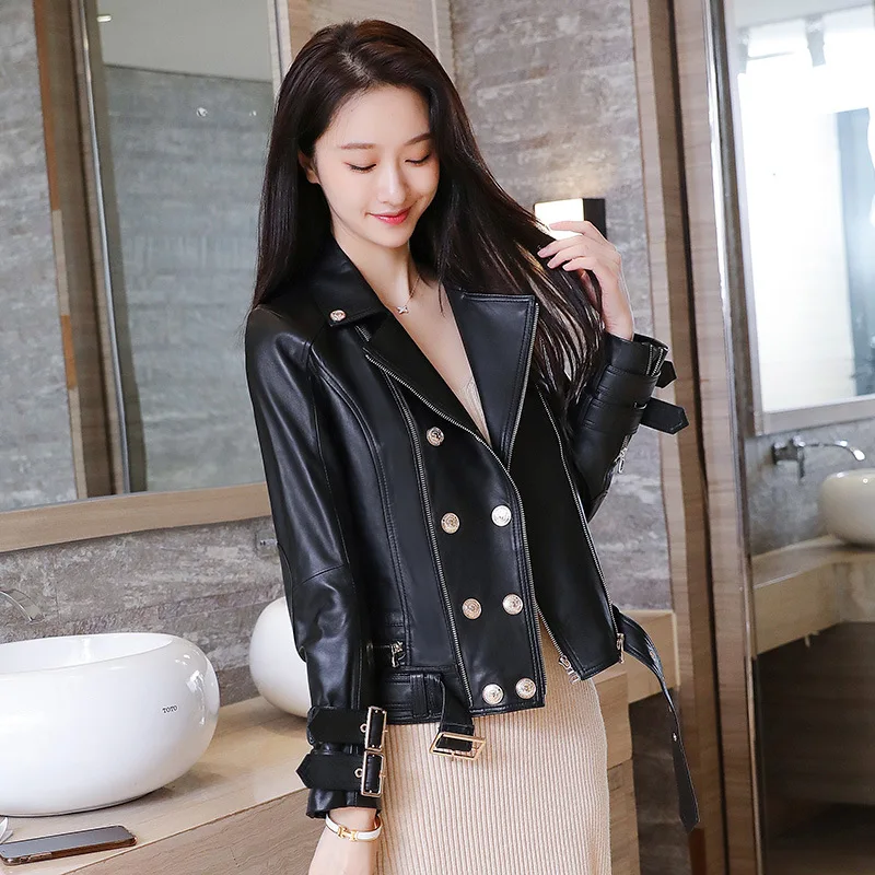 AYUNSUE ของแท้ Sheepskin เสื้อผ้าผู้หญิง2023ใหม่ฤดูใบไม้ผลิจริงหนัง Coat Slim รถจักรยานยนต์แจ็คเก็ตหนัง Chaqueta Mujer