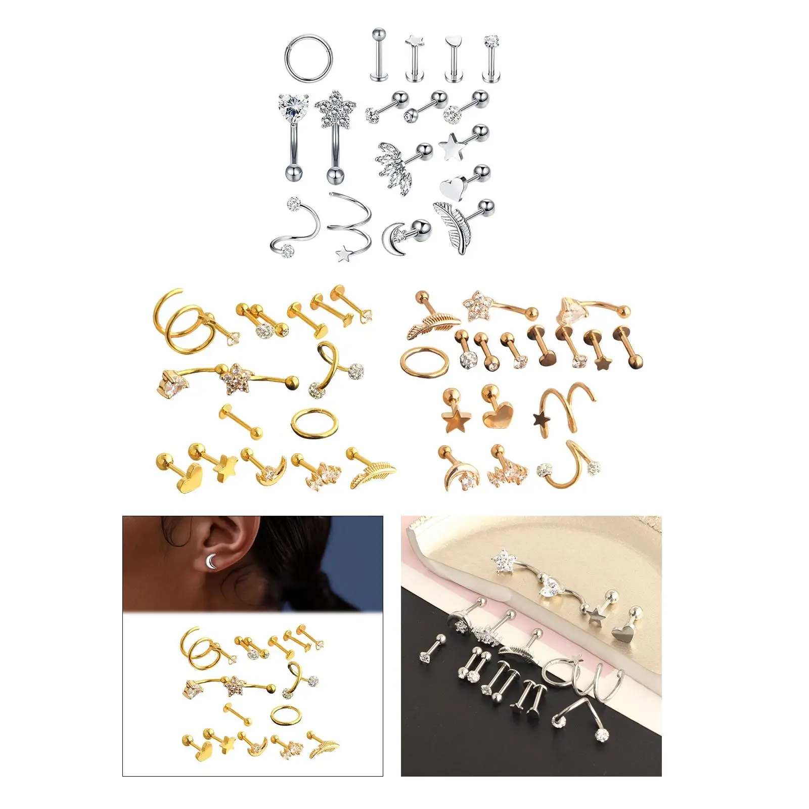 17Pcs Stainless Steel Earrings Set Piercing Jewelry Earrings Hoop Stud Gifts