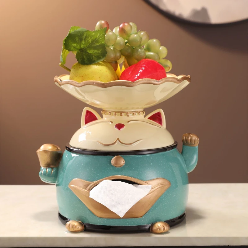 European Multifunctional Resin Storage Tissue Box Living Room Coffee Table 2-in-1 Lucky Cat Fruit Tray Paper Drawer Decoration