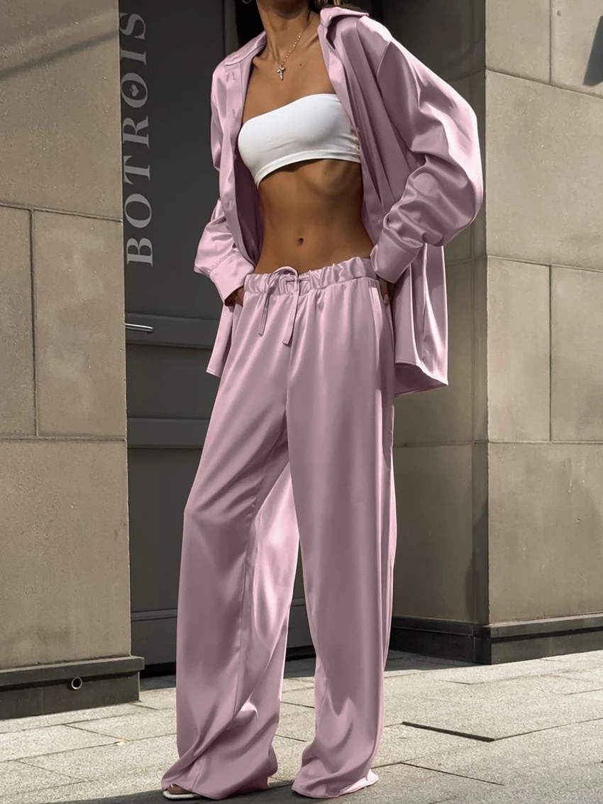 

Marthaqiqi Casual Women Nightgowns 2 Piece Suit Long Sleeve Sleepwear Turn-Down Collar Nightwear Pants Loose Ladies Nightie Set