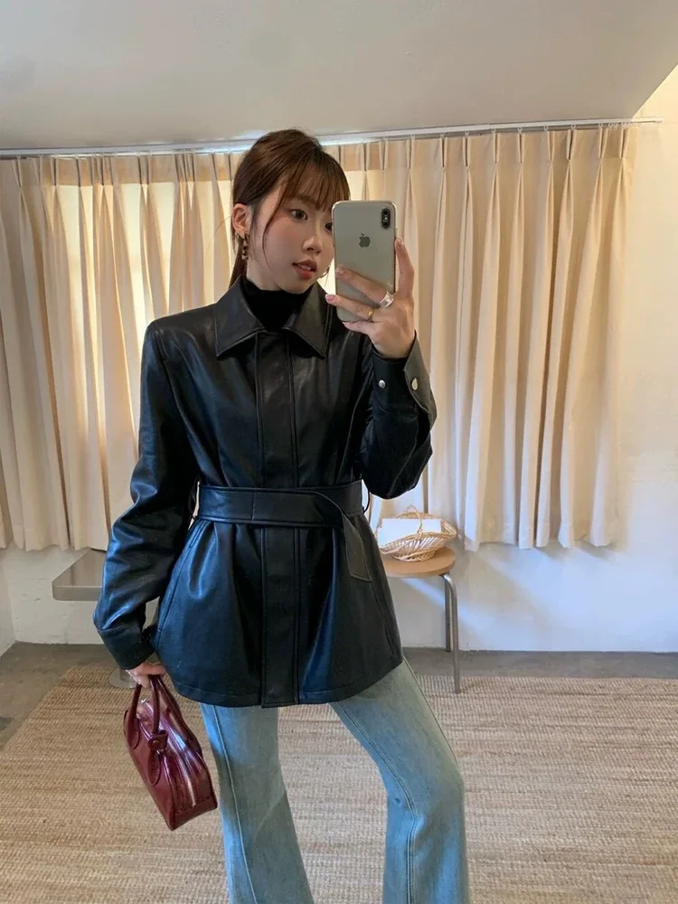 

Винтажная женская черная универсальная куртка из искусственной кожи на молнии, осеннее красное однобортное короткое пальто с длинными рукавами, 2025 г., корейское
