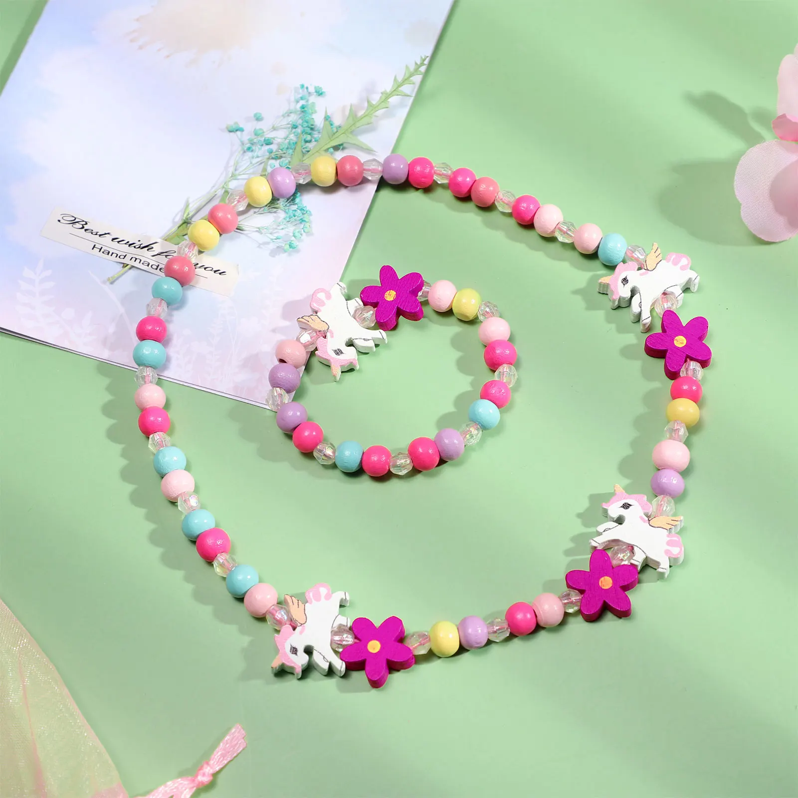 

Wooden Beaded Girls Bracelet Necklace Set Multi Colored Unicorn Pendants Kids Toddlers Dress Up Props Parties Toys