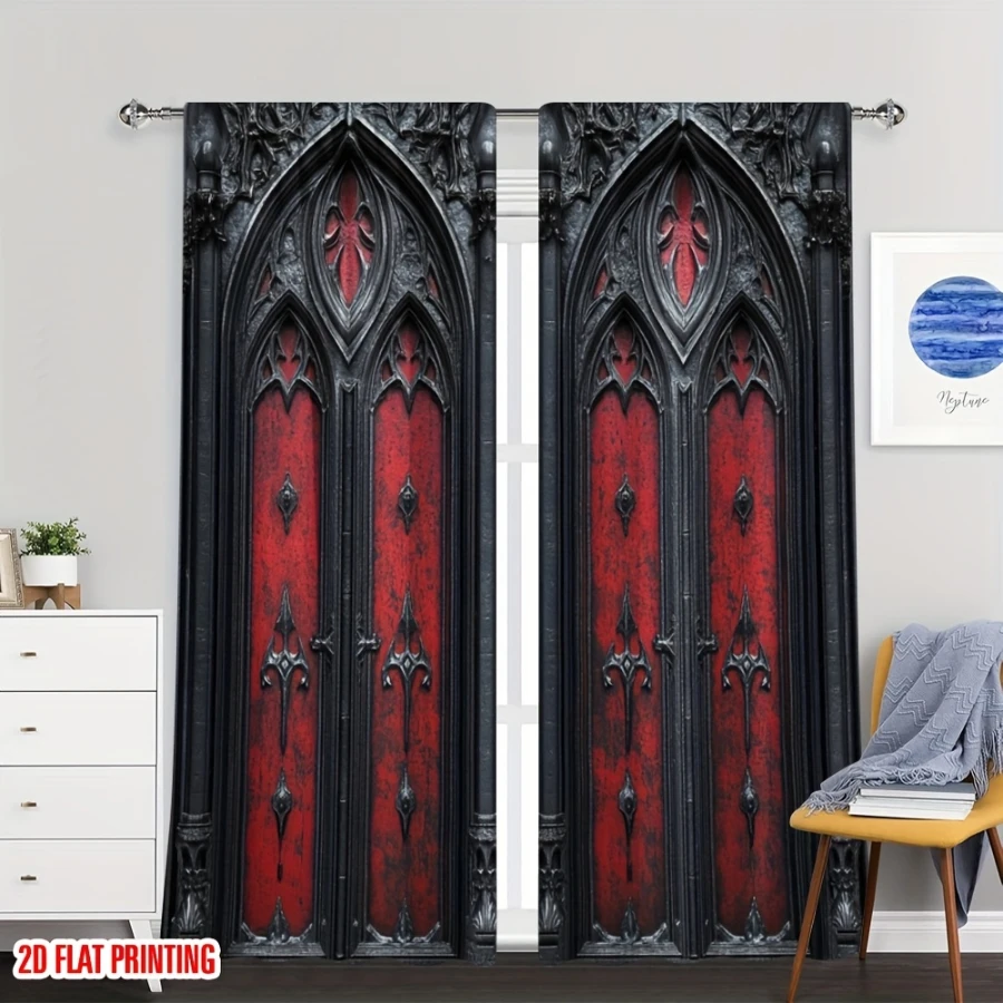 2PCS Digital Printed Curtains, Gothic Red Cathedral Door Carved Arch, Medieval Dark Church Window Decor for Gothic Home Room