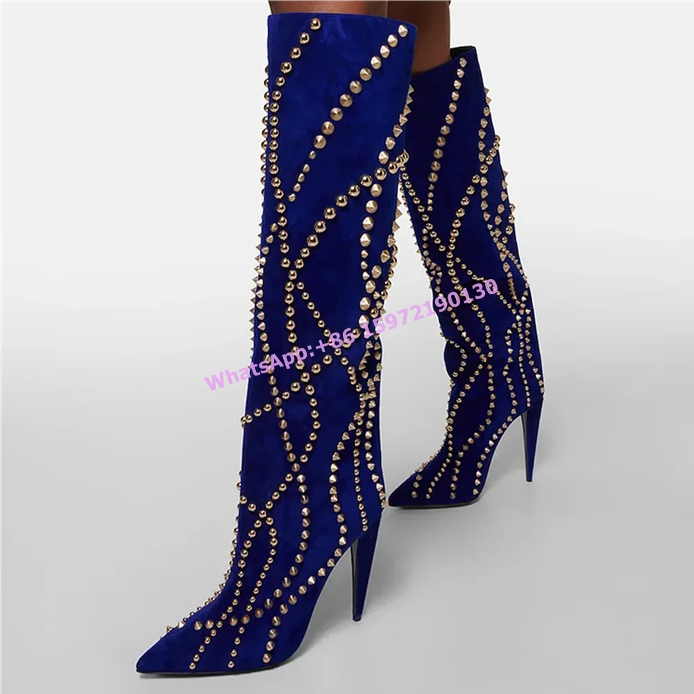 Dark Blue Knee High Boots Metal Weave Rivet Spike Heels Pointy Toe Slip On Boots Large Size Women's Sexy Solid Runway Shoes