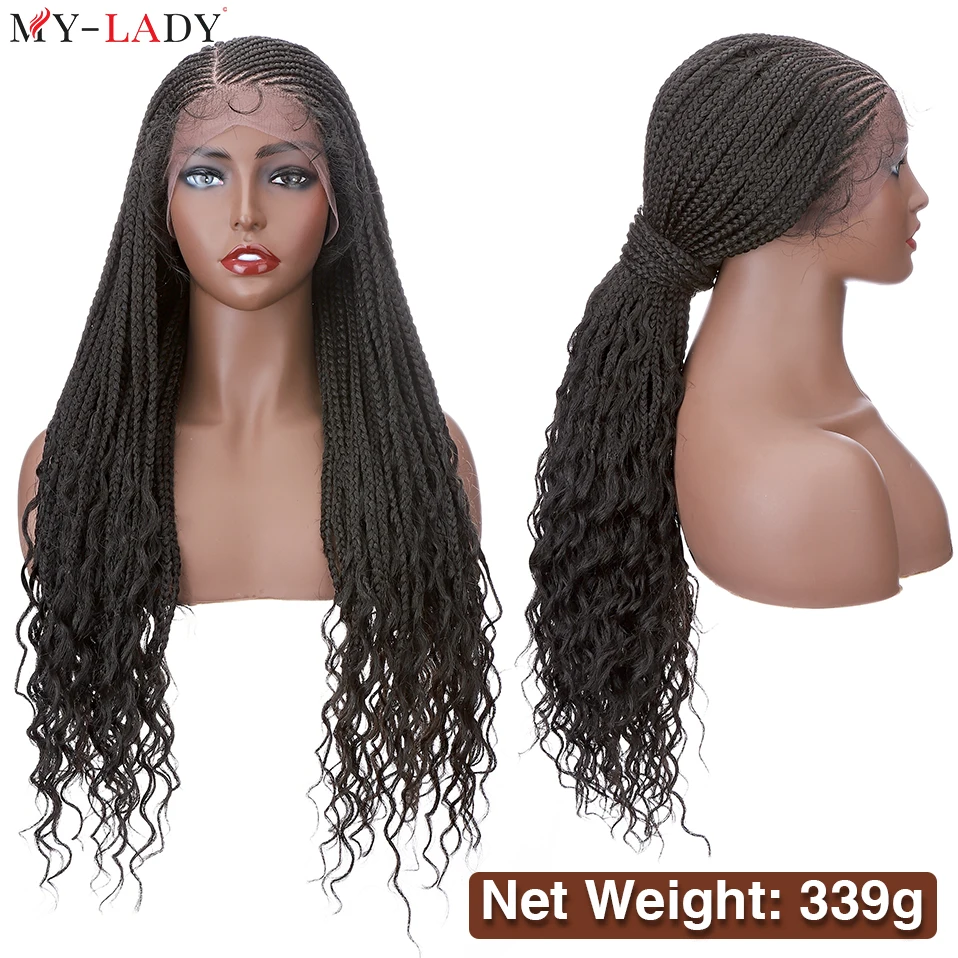 My-Lady Synthetic Box Braids 28Inch Cornrow Braided Lace Wigs Curly Ends Lace Front Wig With Baby Hair 339g Dreadlocks Afro Wigs