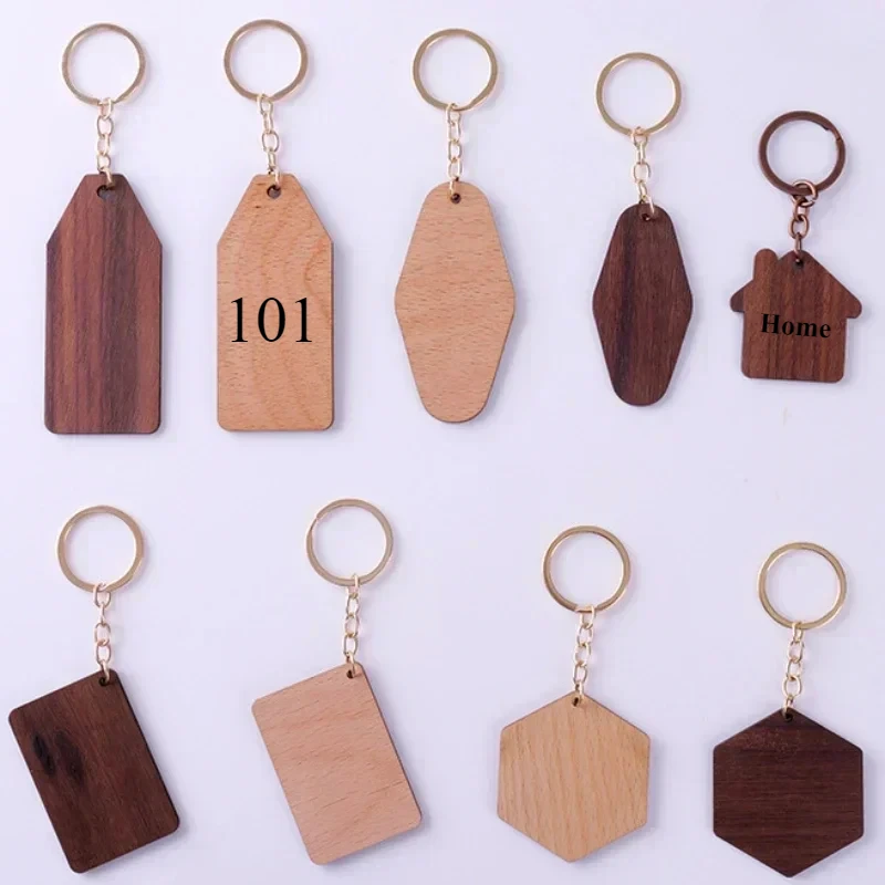 

Custom Logo Wooden Keychain Blank Laser Engrave Hotel Number Wood House Keyring Personalize Company Name Key Chains Holders