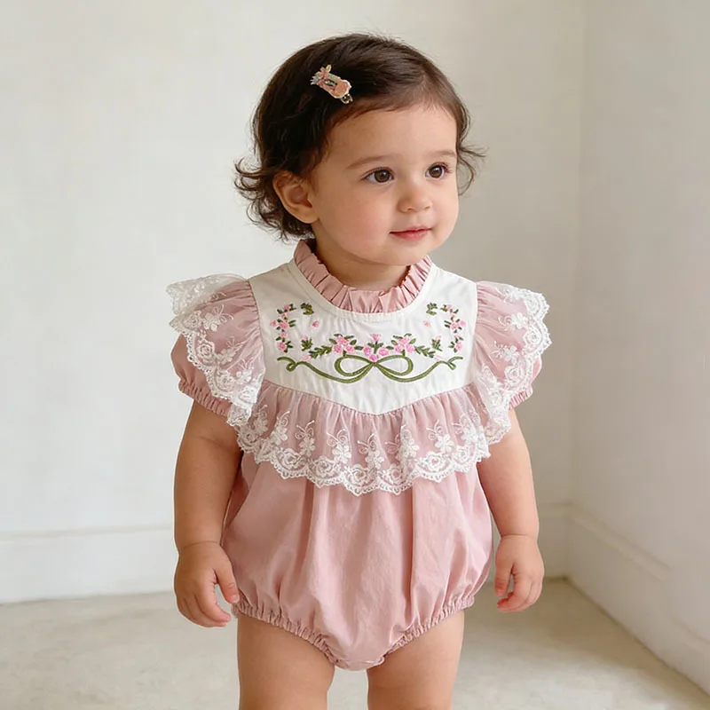 

Baby Girl Pink Short Sleeve Embroidery Lace Bodysuit Romper 100% Cotton Soft Breathable Summer Outfit Newborn Photoshoot 0-24M