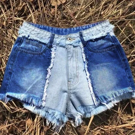 

Sexy Trim Fit Fringed Mid-Waist Women's Denim Shorts - Trendy Patchwork Design Short Pants for Female Jeans For Woman