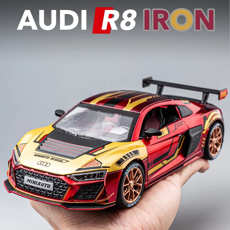 Auti r8 v10子供用レーシングカー玩具、1:24ダイキャストメタルミニチュア、プルバックサウンドとライトコレクション、男の子へのギフト