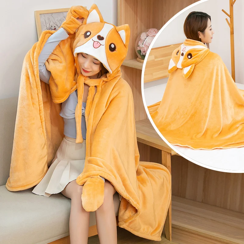 Wearable Hooded Blanket for Adults Children Cartoon Dog Cloak Shawl for Winter Office Nap Blankets Anime Blanket Hoodie