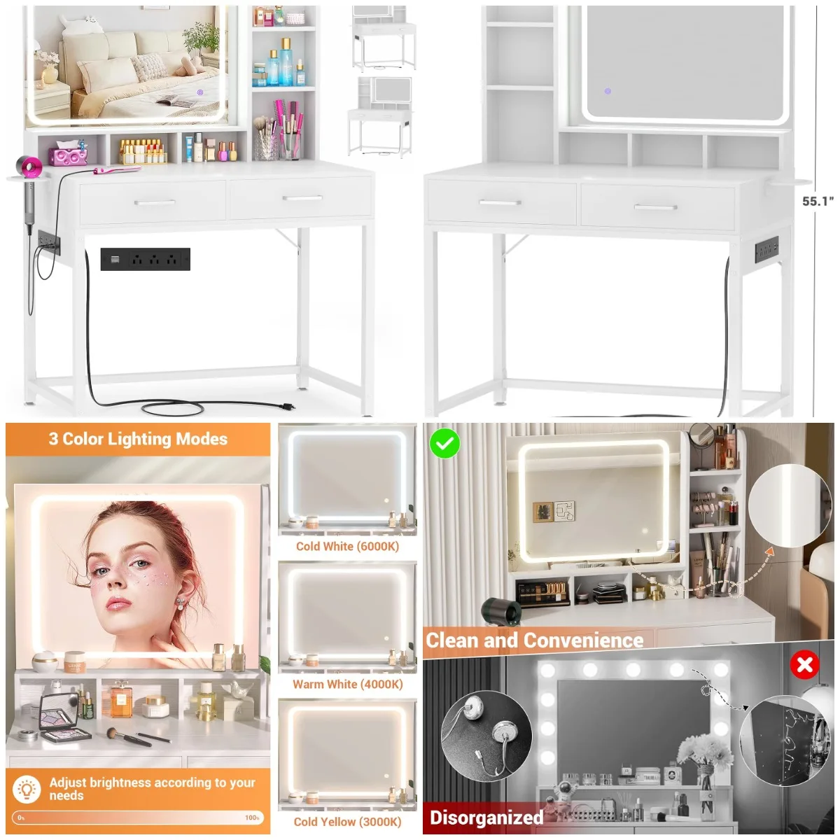 

Small White Vanity Desk with Mirror, Lights, Power Strip, Drawers & Shelves, Adjustable Lighting, Bedroom Dressing Table