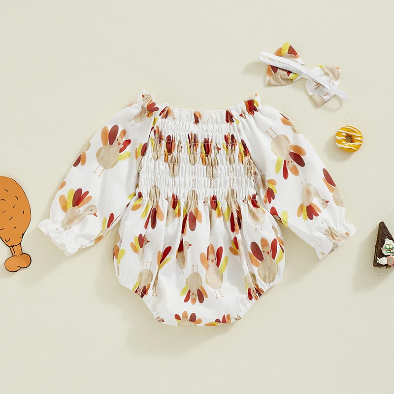 

2024-06-11 Lioraitiin Baby Girls Thanksgiving Jumpsuits Turkey Print Long Sleeve Romper and Cute Headband Set for Toddler