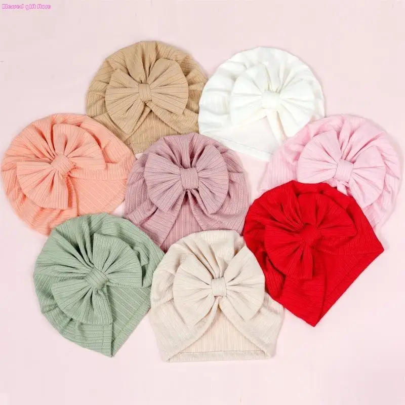 

D0JC Soft Beanie Hat for Baby Turban Hat Big Bow Bone-less Hat Fashion Headwear for Infant 0-12M Bow Hat Newborn Shower Gift