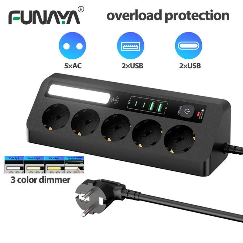 EU Table Corner Socket Multiple Socket with LED Light Power Strip Overload Surge Protection with USB  Type-C Outlets 1.8M Cables