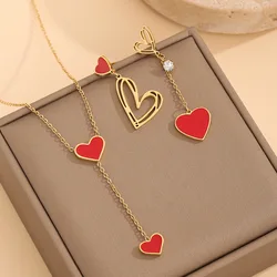 Stainless Steel Sweet Red Heart Pendant Necklace Earrings Jewelry Set for Women's Trend Irregular Jewelry Valentine's Day Gift