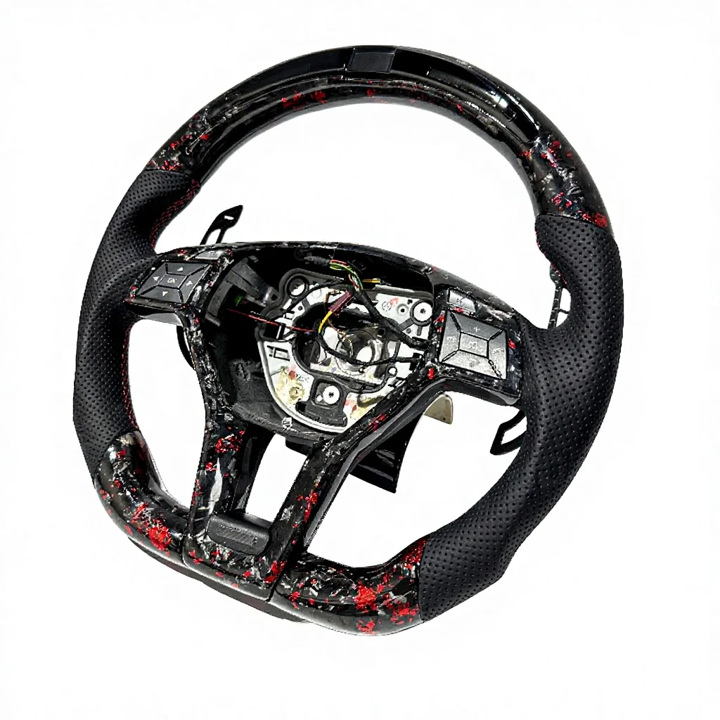 With LED Red Forged Carbon Fiber Carbon Fiber Shift Paddle Leather Sport Steering Wheel Suitable