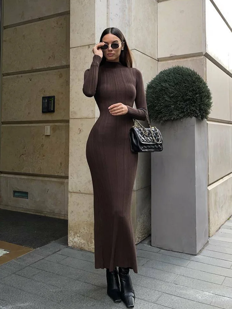 Turtleneck Knitted Women Dresses Autumn Sexy Solid High Waist Hip Package Lady Dress Elegant Long Sleeve Slim Female Vestidos