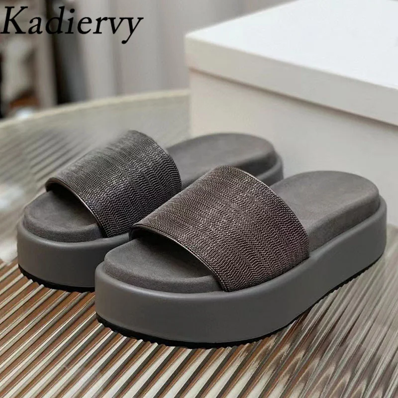 

Summer Thick Sole Slippers Women Cow Suede Flat Platform Shoes Women String Bead Chain Slides Peep Toe Slippers Woman