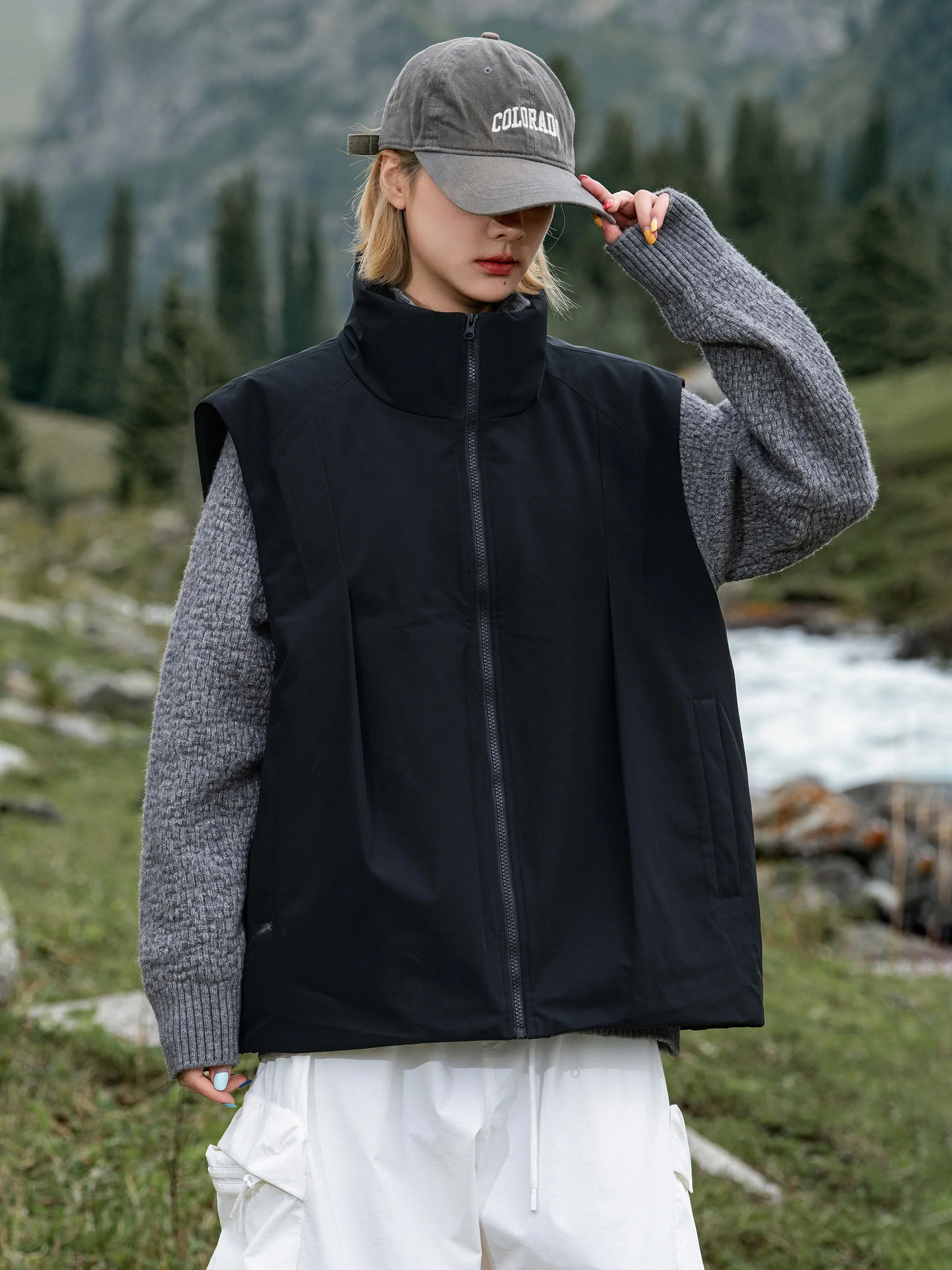 AOGZ Men's down Vest Outdoor Waterproof Warm Loose Black Stand Collar Fleece Lined Cycling Climbing Camping Hiking Daily Wear