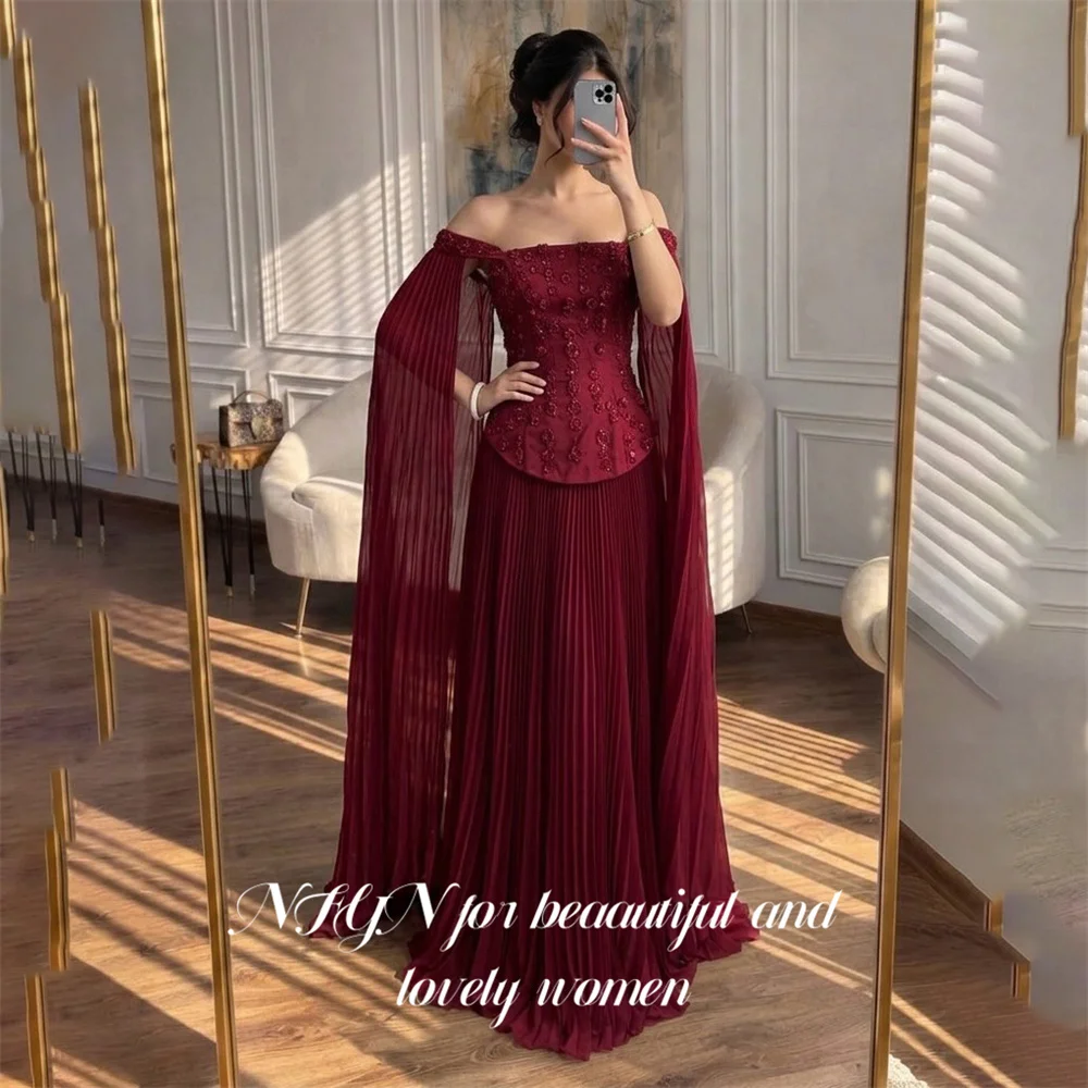 NFYN Red Party Dresses Off the Shoulder Long Sleeve Evening Dresses Beading On Chest Prom Gown Chiffon فساتين سهره Customized