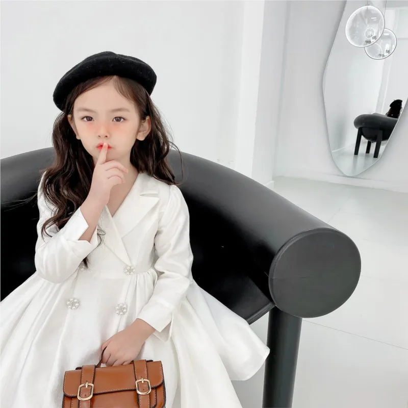 Baby Girl Princess Pearl Button Dress Long Sleeve Infant Toddler Child Elegant White Vestido Wedding Party Baby Clothes 1-14Y