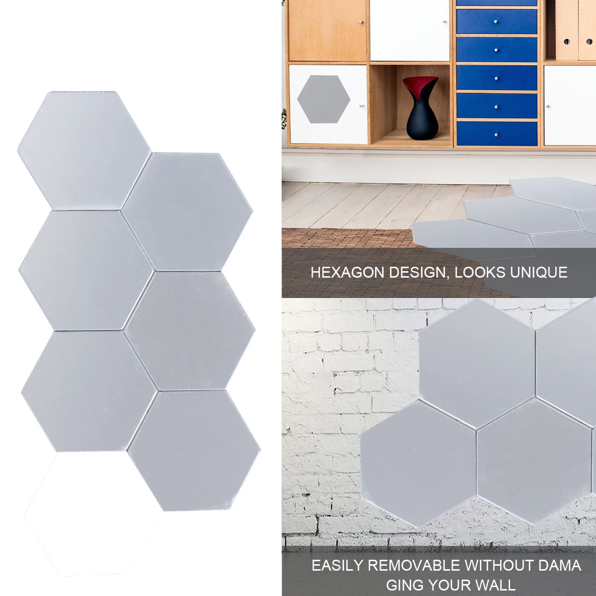 

12 Pcs Mirror Wall Stickers Silver Room Modern Aesthetic Home Decor Hexagon Decal DIY Household