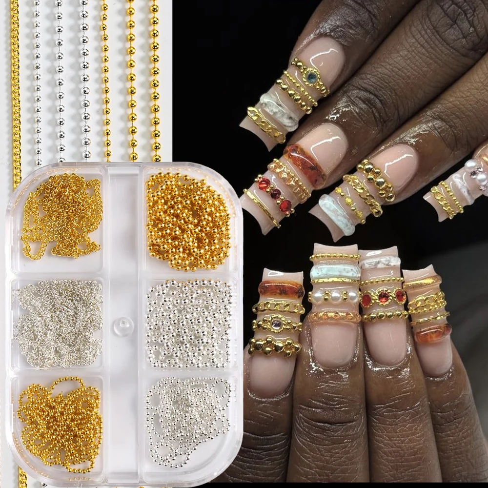 6Grids 3D Metal Nail Art Chains Y2k Punk Gold Silver Black Caviar Beads Pearl Chains Nail Rivet Metallic Aolly Chain Nail Decora