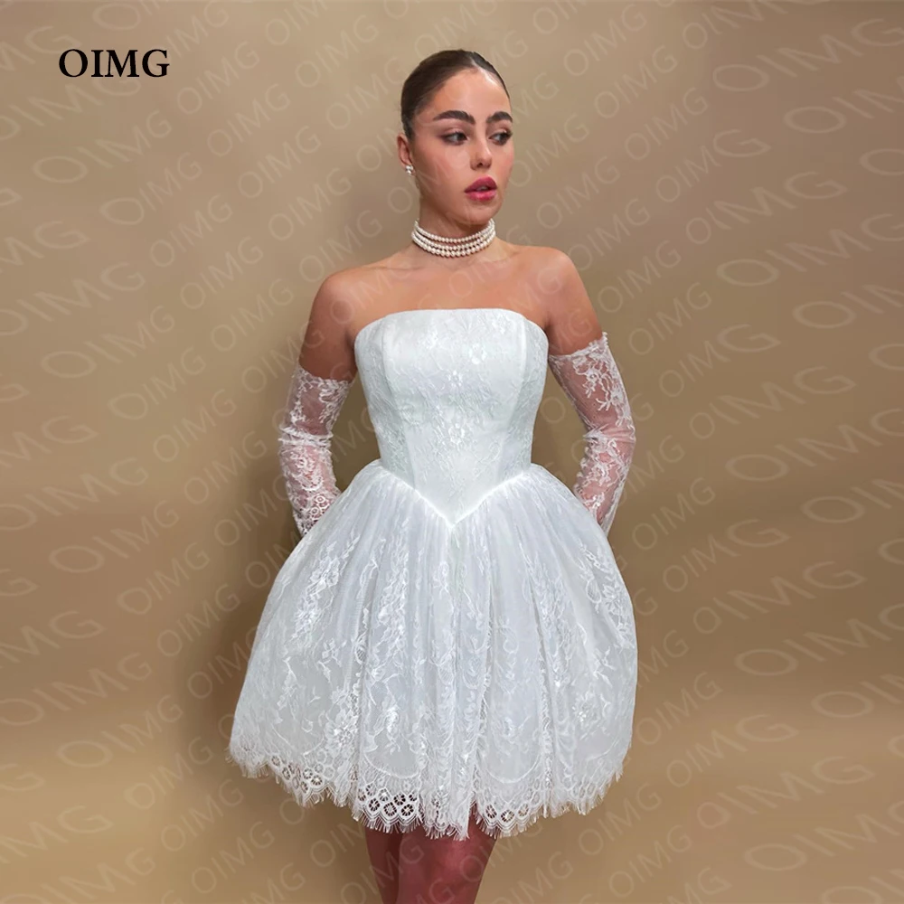 

OIMG Vintage Puff Long Sleeves Lace Wedding Dresses Gowns Applique A Line Short Modest Formal Pricness Bride Bridal Gown Dress