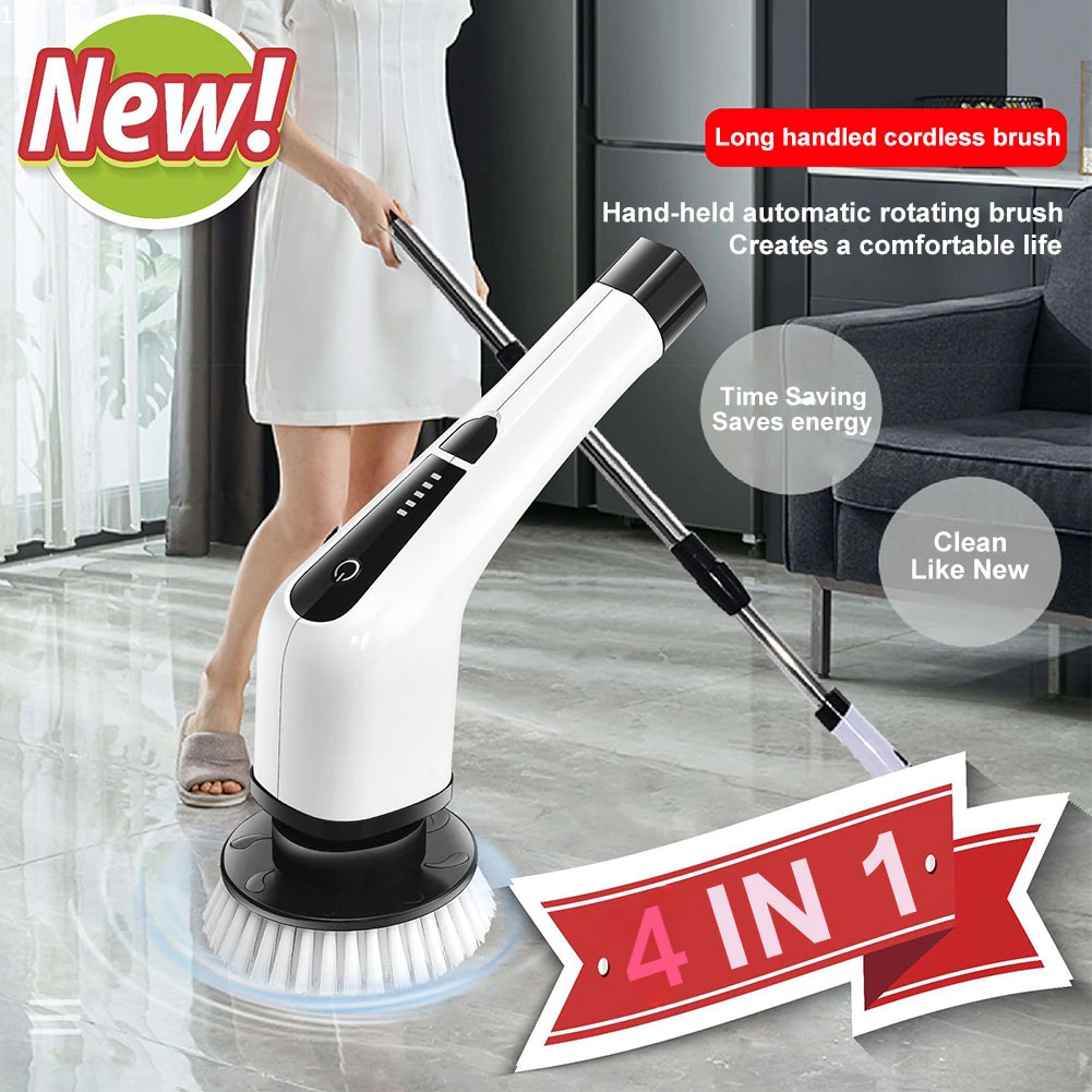 4 in 1 Cordless Cleaning Brush Multipurpose Electric Spin Cleaner Replacement Brush Heads Rotatable Household Cleaning Tools