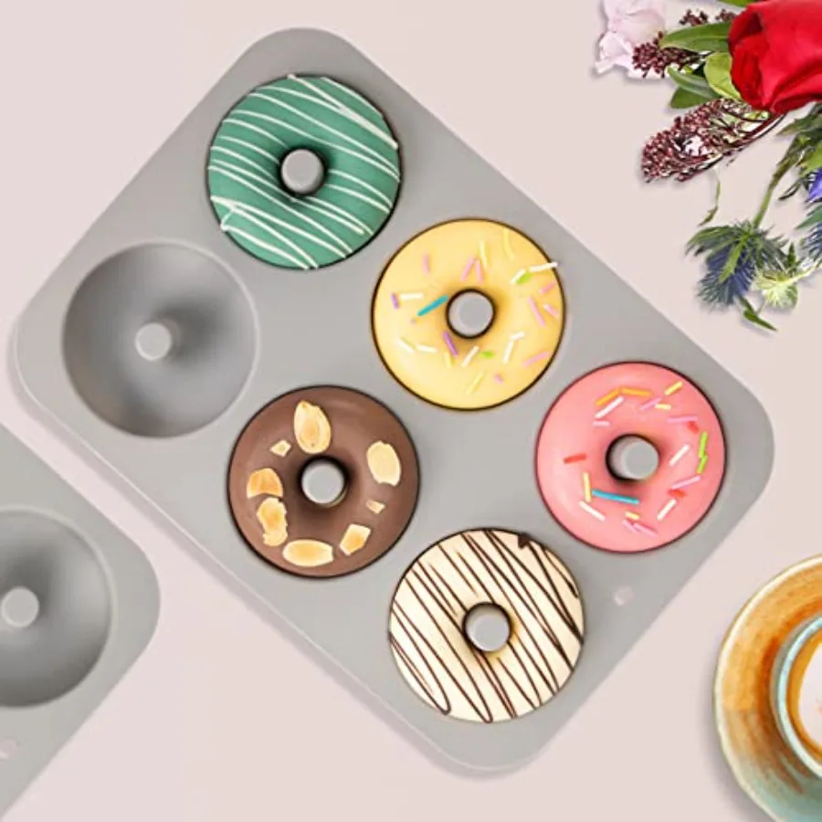 Non-Stick Silicone Donut Pan for 6 Doughnuts, BPA-Free, 2-Pack Grey
