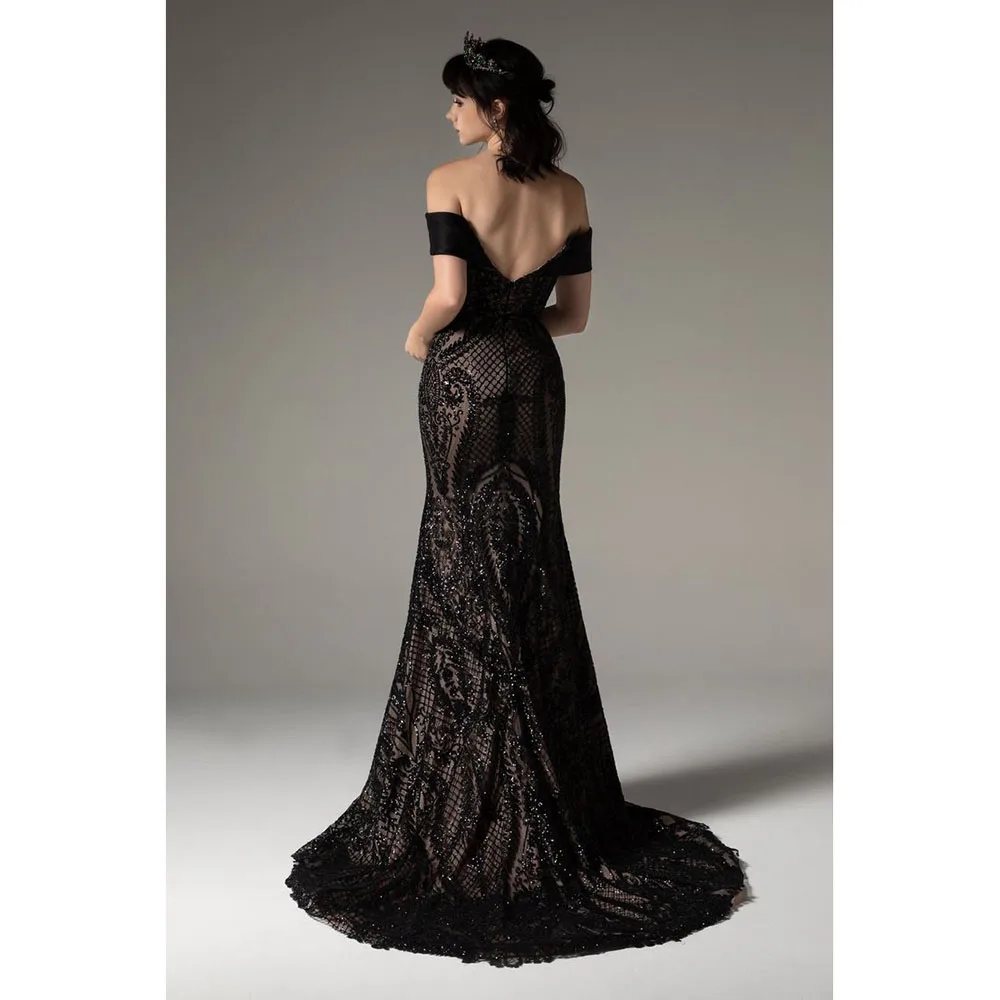 Exquisite Black Lace Evening Party Dresses Off Shoulder Floor Length Trumpet Sleeveless High Quality Women Prom Banquet Gowns