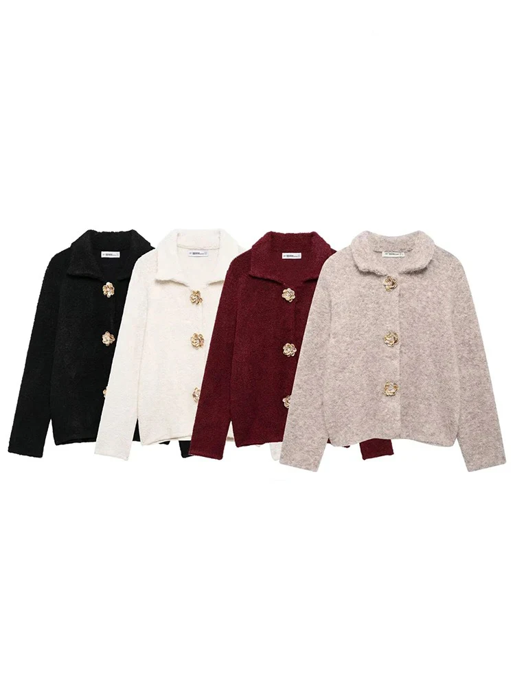 

Women's Fashion 2024 fall and winter new elegant chic floral buttons decorated lapel long-sleeved faux fur knit jacket