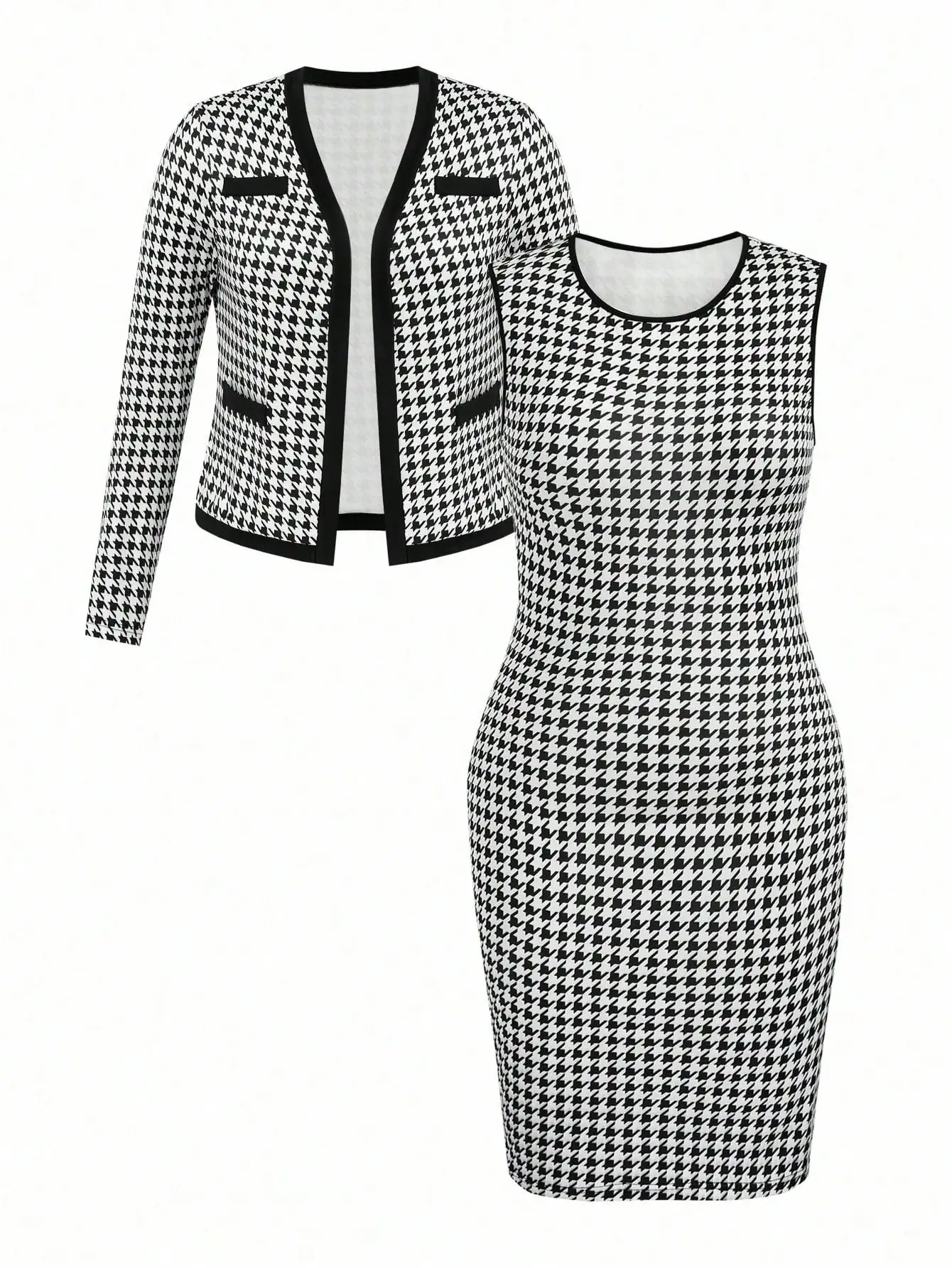 

Houndstooth Print Sleeveless Dress And Long Sleeve Cardigan Set For Women