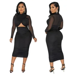 2024 Women Cutout Front Halter Neck Mesh Patchwork Long Sleeve Ruched Bodycon Midi Dress Sexy Night Party Club Dresses